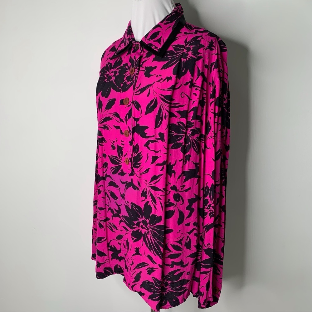 Vintage Givenchy Women's Fuchsia Black Floral Long Sleeve Button Down Shirt XL - Picture 4 of 13